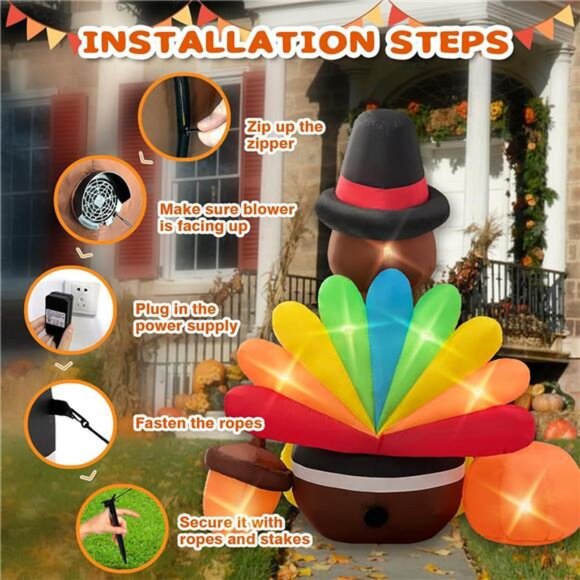 6FT Thanksgiving Inflatables Turkey Blow Up with Built-in Led Lights for Outdoor - Picture 4 of 7